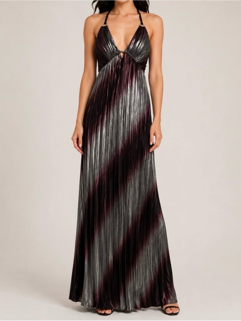 Morgan & Co. Metallic Black and Burgundy Halter Pleated Maxi Dress